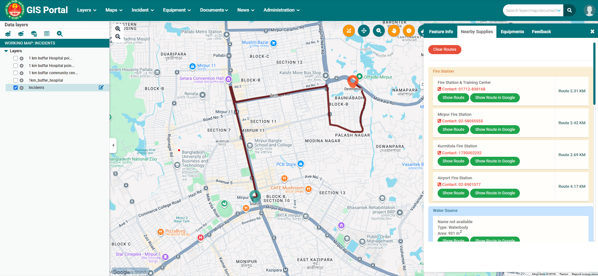Nearest fire stations and routes to a reported incident, Mirpur area, Dhaka
